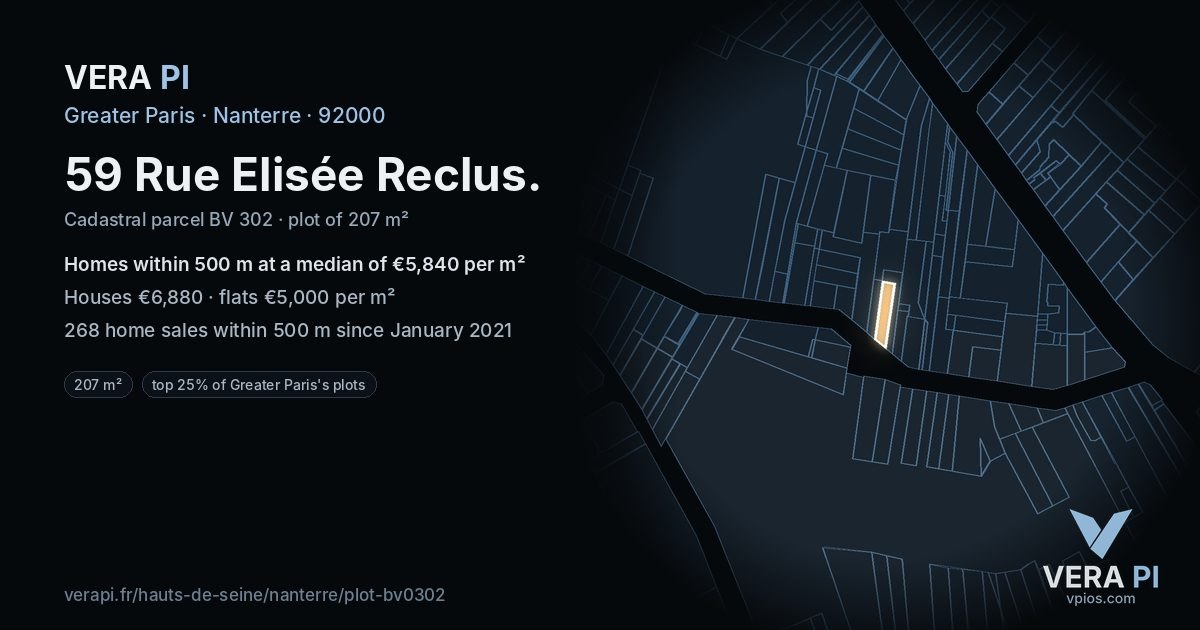 59 Rue Elisée Reclus, Nanterre at night – the plot lit, the parcels around coloured by the prices near them