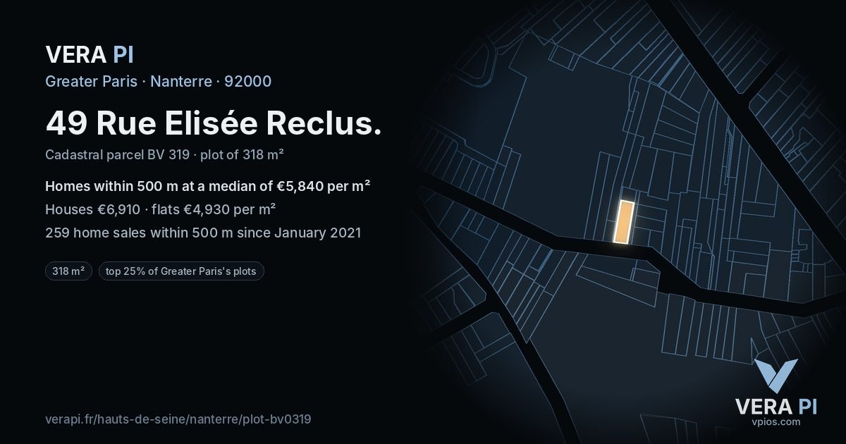 49 Rue Elisée Reclus, Nanterre at night – the plot lit, the parcels around coloured by the prices near them