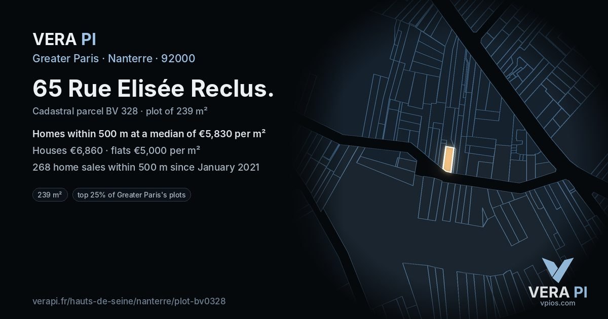 65 Rue Elisée Reclus, Nanterre at night – the plot lit, the parcels around coloured by the prices near them