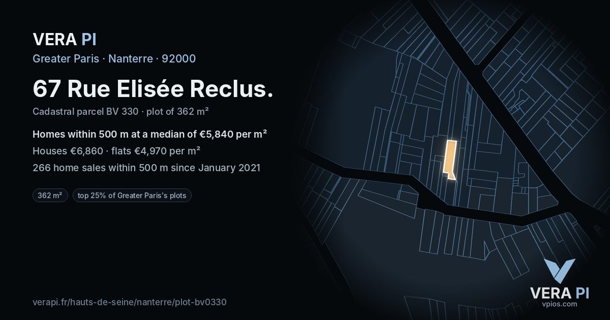 67 Rue Elisée Reclus, Nanterre at night – the plot lit, the parcels around coloured by the prices near them