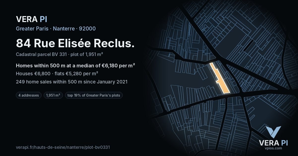 84 Rue Elisée Reclus, Nanterre at night – the plot lit, the parcels around coloured by the prices near them