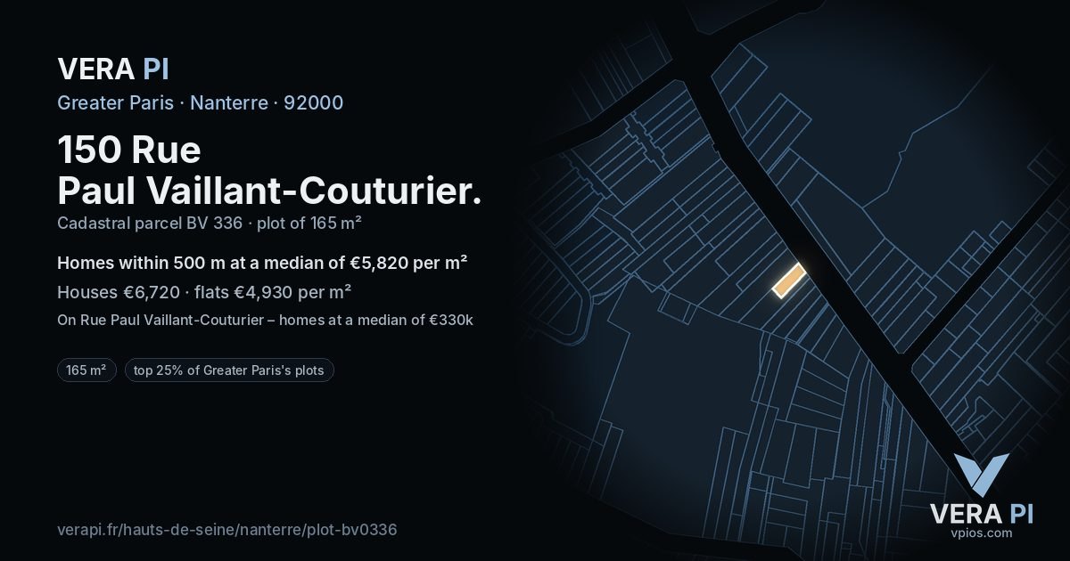 150 Rue Paul Vaillant-Couturier, Nanterre at night – the plot lit, the parcels around coloured by the prices near them