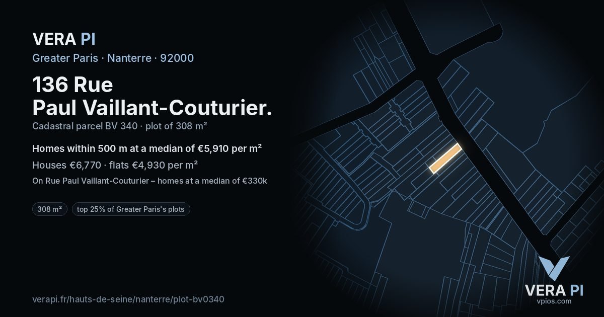 136 Rue Paul Vaillant-Couturier, Nanterre at night – the plot lit, the parcels around coloured by the prices near them