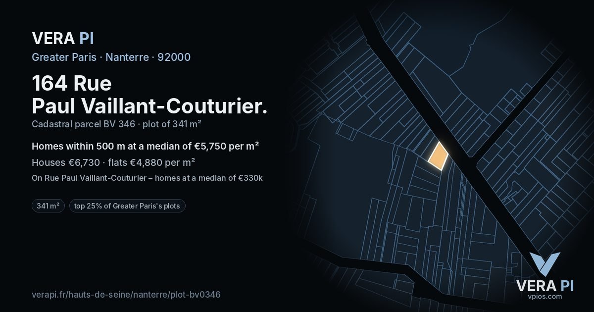 164 Rue Paul Vaillant-Couturier, Nanterre at night – the plot lit, the parcels around coloured by the prices near them