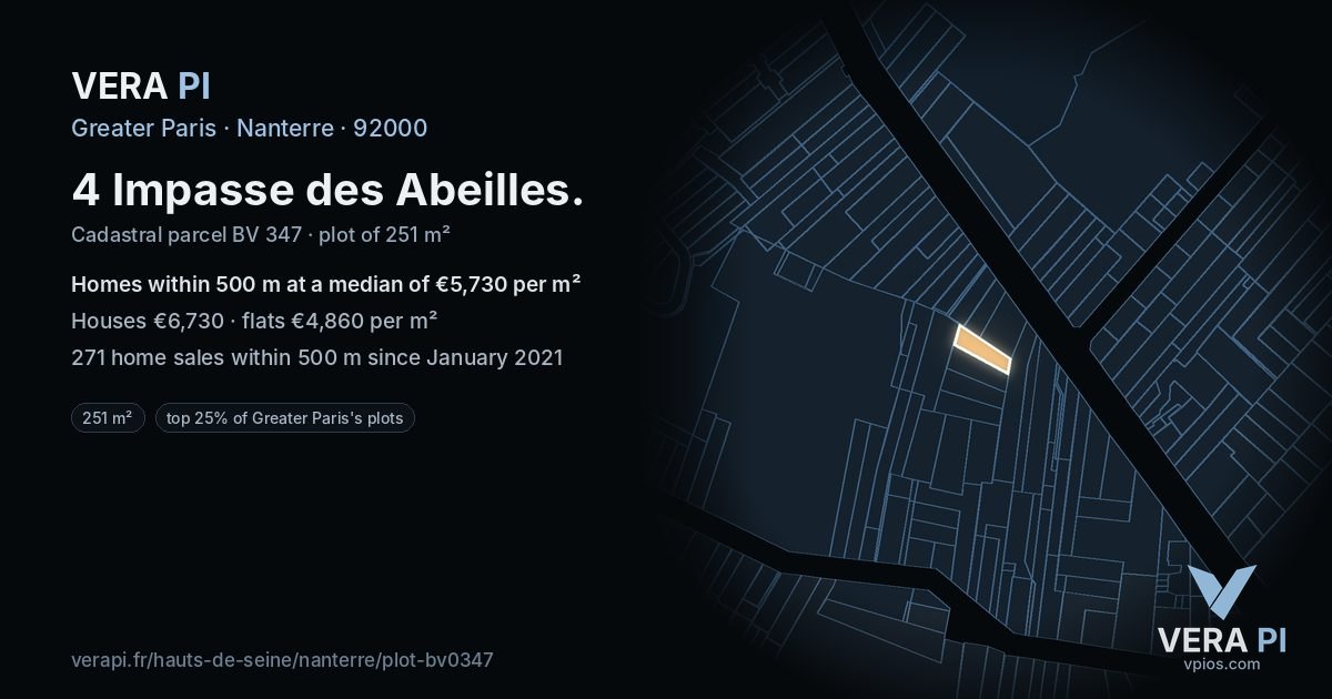 4 Impasse des Abeilles, Nanterre at night – the plot lit, the parcels around coloured by the prices near them