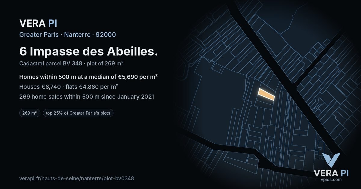 6 Impasse des Abeilles, Nanterre at night – the plot lit, the parcels around coloured by the prices near them