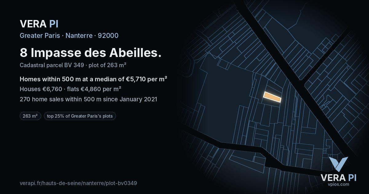 8 Impasse des Abeilles, Nanterre at night – the plot lit, the parcels around coloured by the prices near them