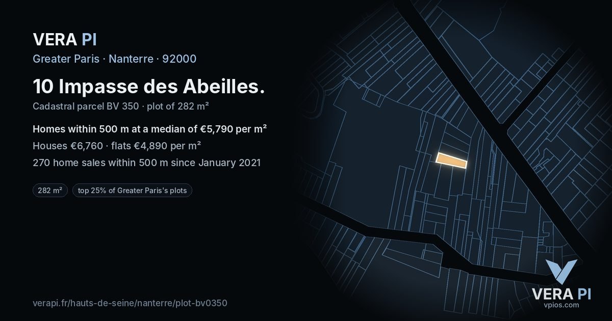 10 Impasse des Abeilles, Nanterre at night – the plot lit, the parcels around coloured by the prices near them
