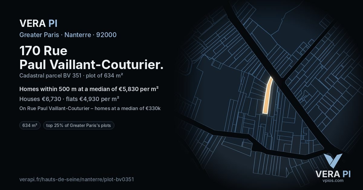 170 Rue Paul Vaillant-Couturier, Nanterre at night – the plot lit, the parcels around coloured by the prices near them