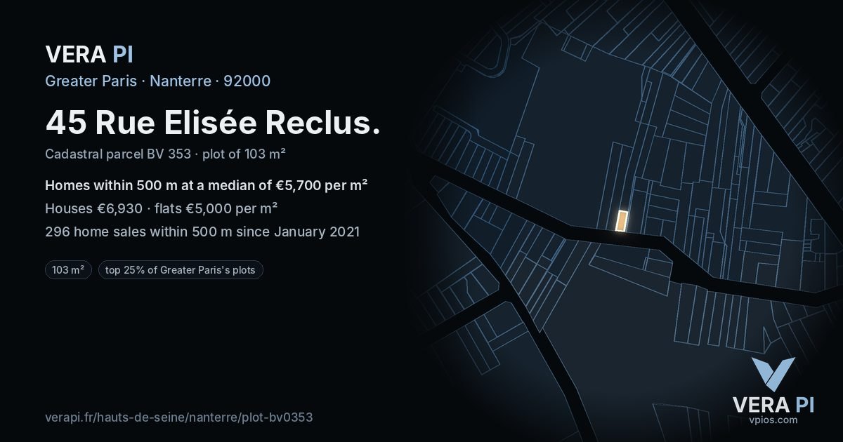 45 Rue Elisée Reclus, Nanterre at night – the plot lit, the parcels around coloured by the prices near them