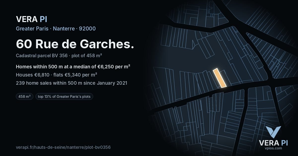 60 Rue de Garches, Nanterre at night – the plot lit, the parcels around coloured by the prices near them