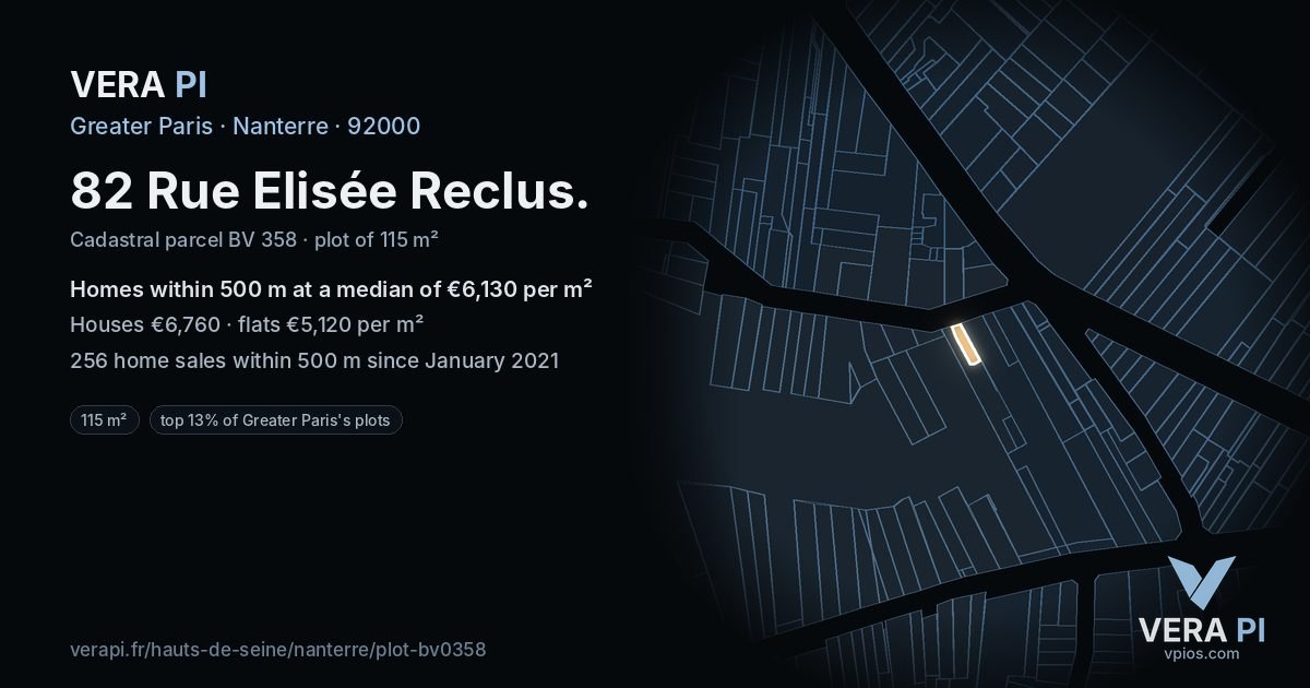 82 Rue Elisée Reclus, Nanterre at night – the plot lit, the parcels around coloured by the prices near them