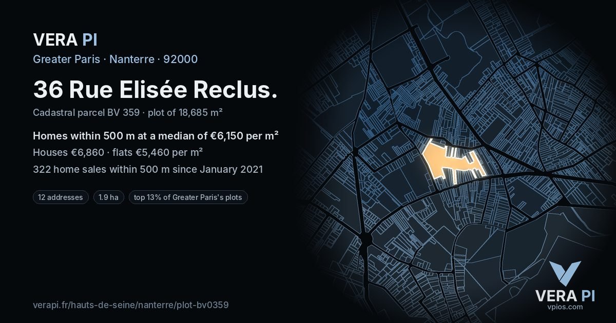 36 Rue Elisée Reclus, Nanterre at night – the plot lit, the parcels around coloured by the prices near them