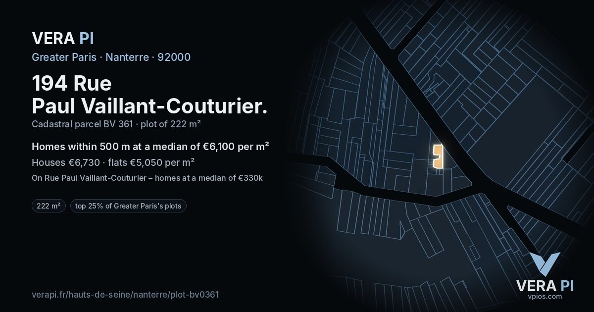 194 Rue Paul Vaillant-Couturier, Nanterre at night – the plot lit, the parcels around coloured by the prices near them