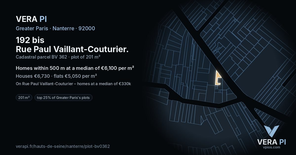 192 bis Rue Paul Vaillant-Couturier, Nanterre at night – the plot lit, the parcels around coloured by the prices near them