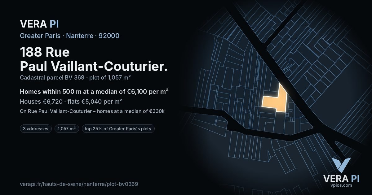188 Rue Paul Vaillant-Couturier, Nanterre at night – the plot lit, the parcels around coloured by the prices near them