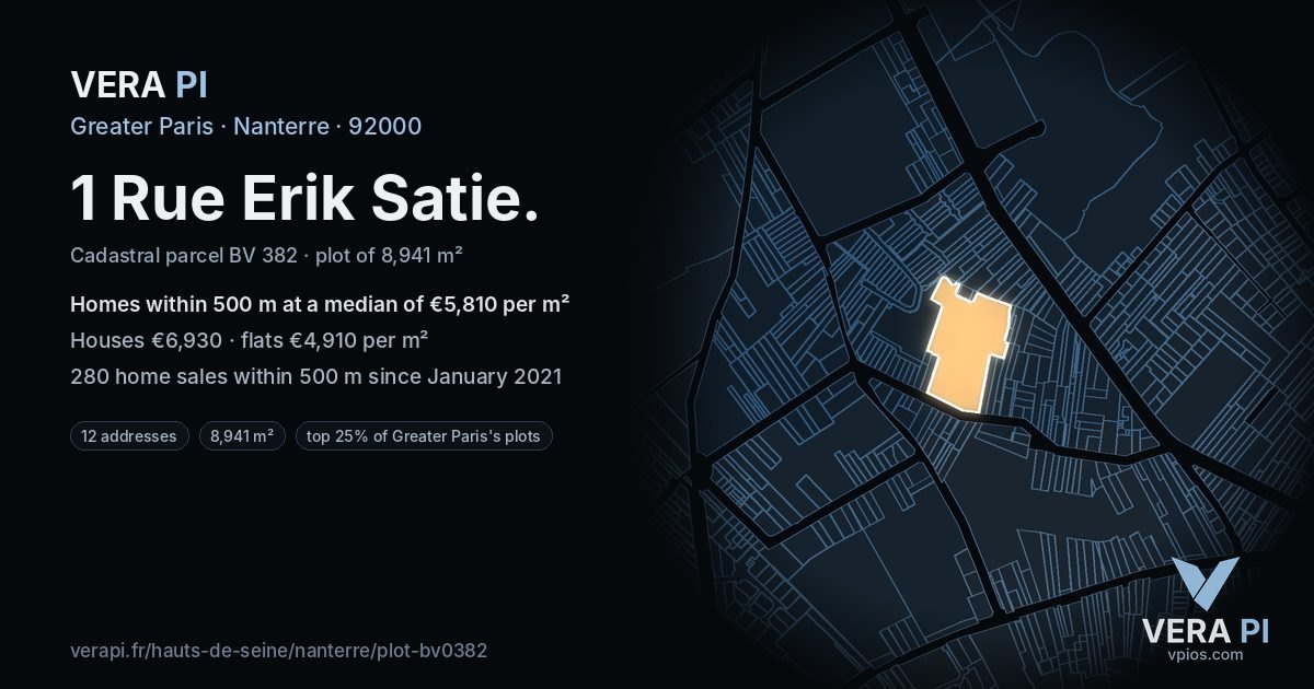 1 Rue Erik Satie, Nanterre at night – the plot lit, the parcels around coloured by the prices near them