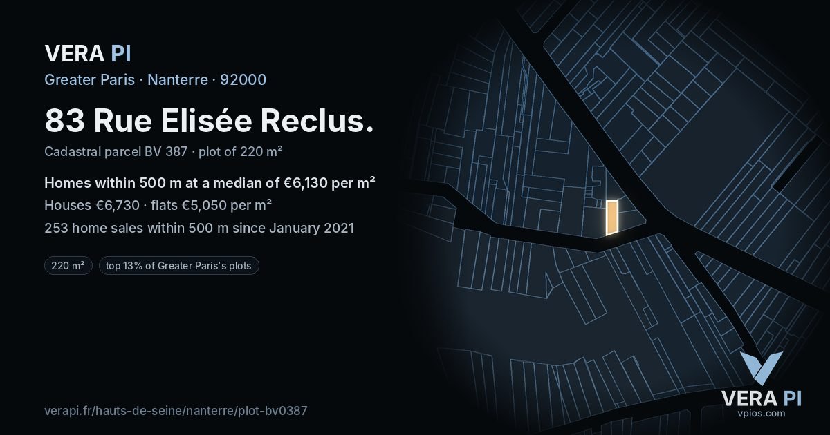 83 Rue Elisée Reclus, Nanterre at night – the plot lit, the parcels around coloured by the prices near them