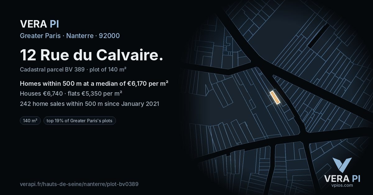 12 Rue du Calvaire, Nanterre at night – the plot lit, the parcels around coloured by the prices near them