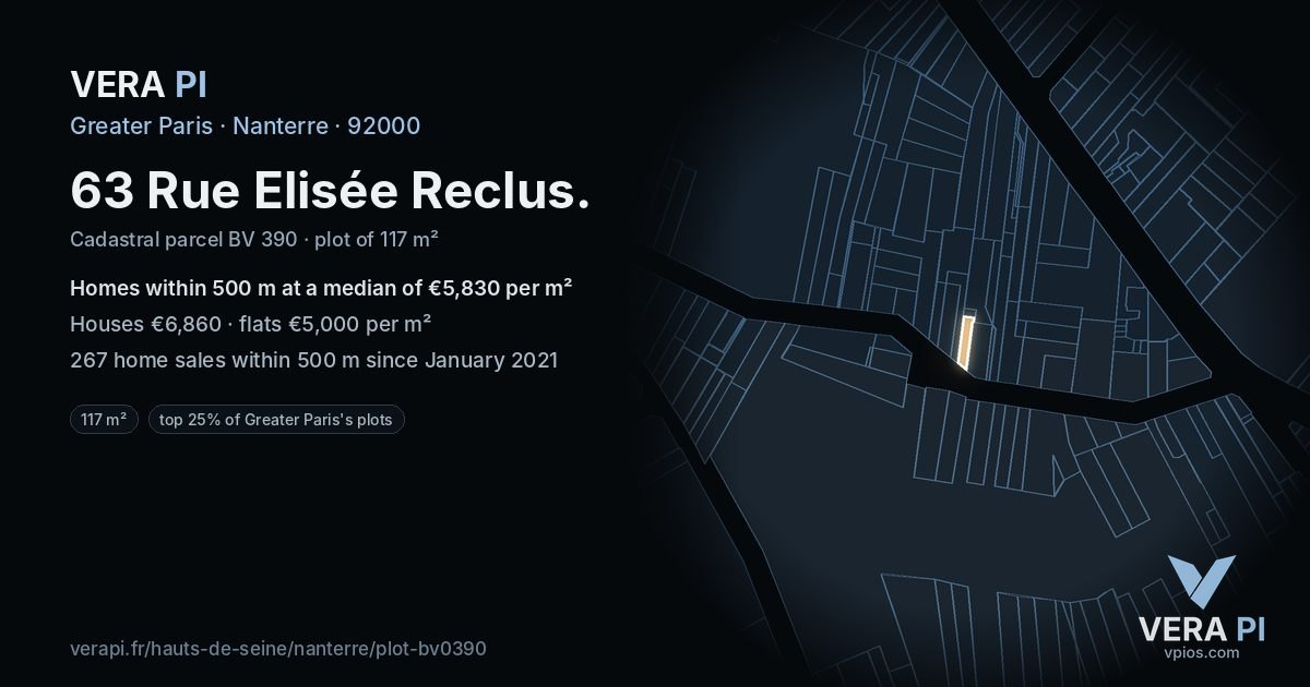 63 Rue Elisée Reclus, Nanterre at night – the plot lit, the parcels around coloured by the prices near them