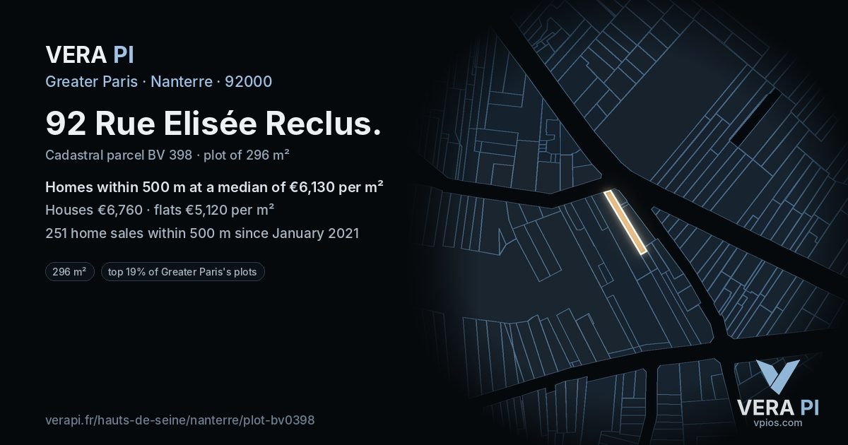 92 Rue Elisée Reclus, Nanterre at night – the plot lit, the parcels around coloured by the prices near them