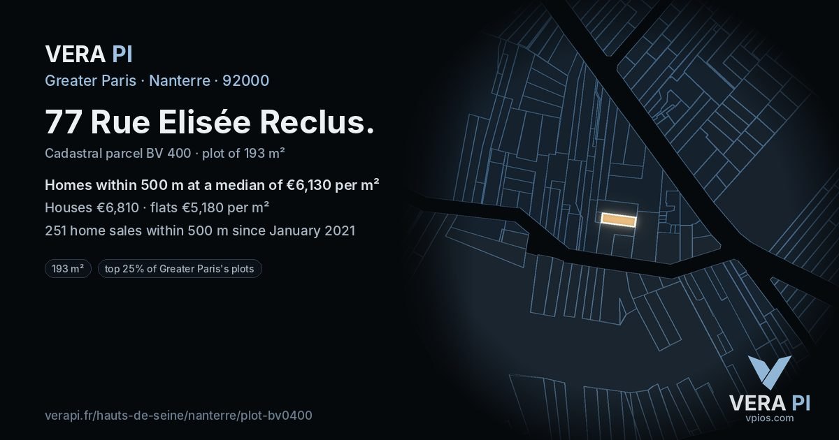 77 Rue Elisée Reclus, Nanterre at night – the plot lit, the parcels around coloured by the prices near them