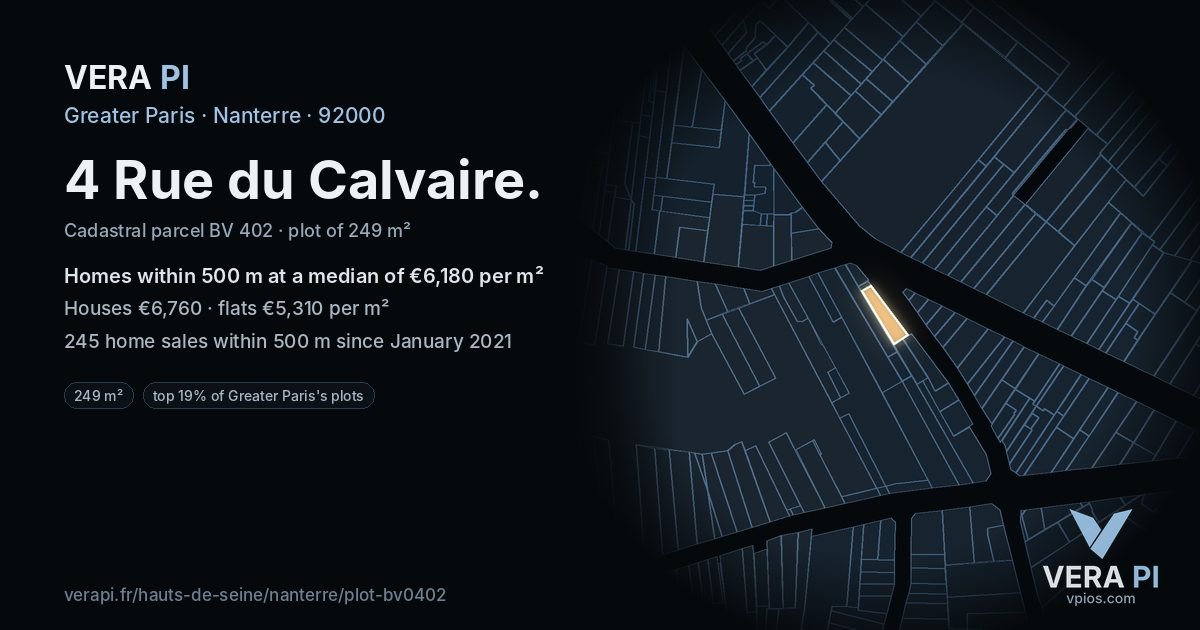 4 Rue du Calvaire, Nanterre at night – the plot lit, the parcels around coloured by the prices near them
