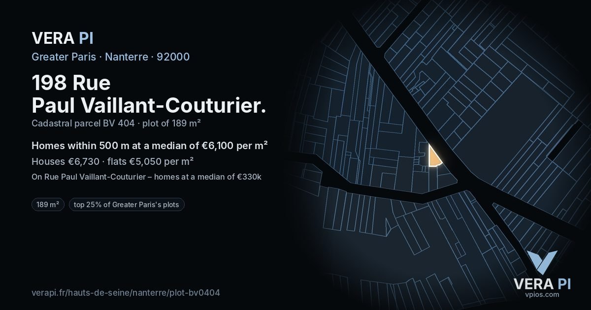 198 Rue Paul Vaillant-Couturier, Nanterre at night – the plot lit, the parcels around coloured by the prices near them