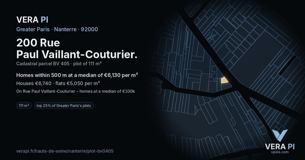200 Rue Paul Vaillant-Couturier, Nanterre at night – the plot lit, the parcels around coloured by the prices near them