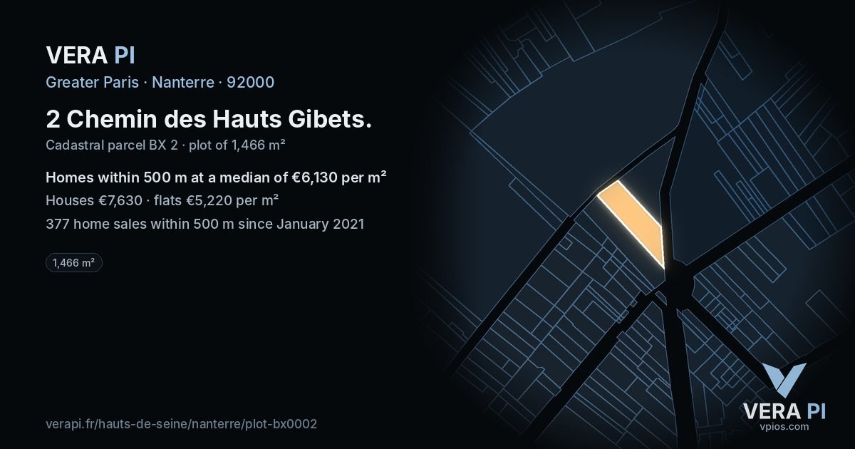 2 Chemin des Hauts Gibets, Nanterre at night – the plot lit, the parcels around coloured by the prices near them