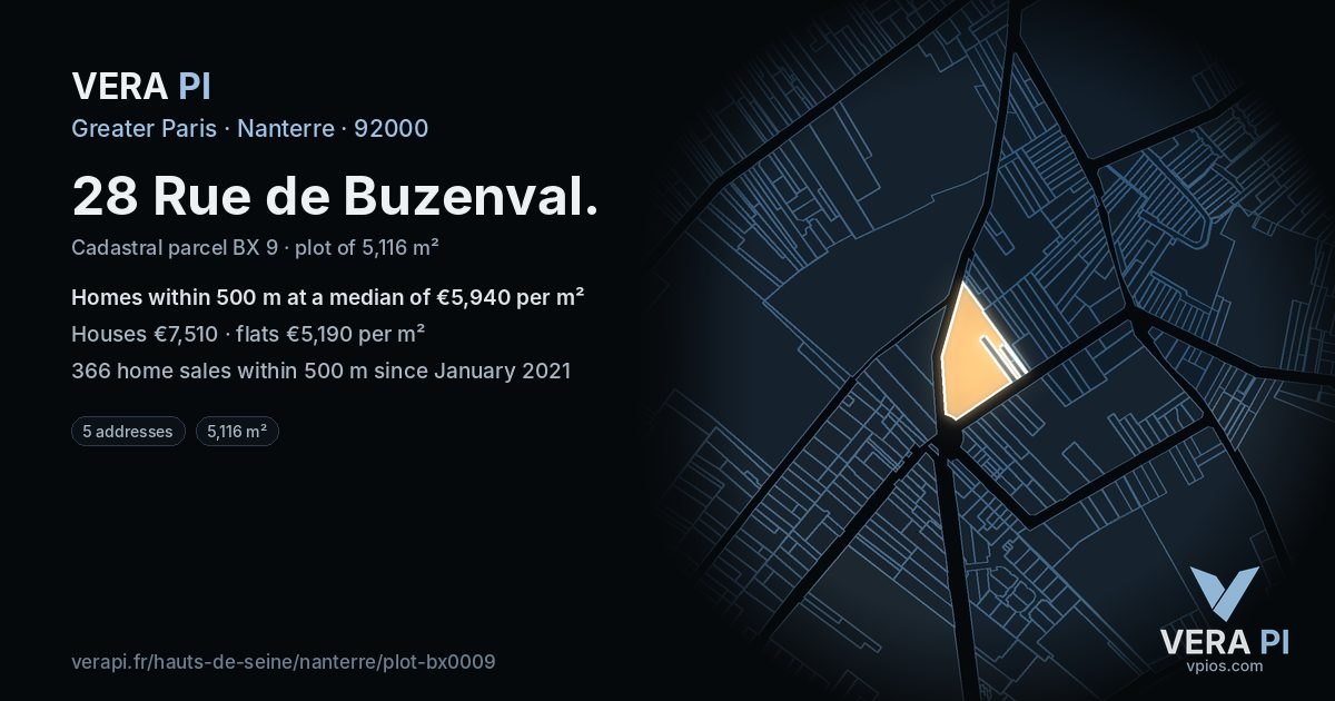 28 Rue de Buzenval, Nanterre at night – the plot lit, the parcels around coloured by the prices near them
