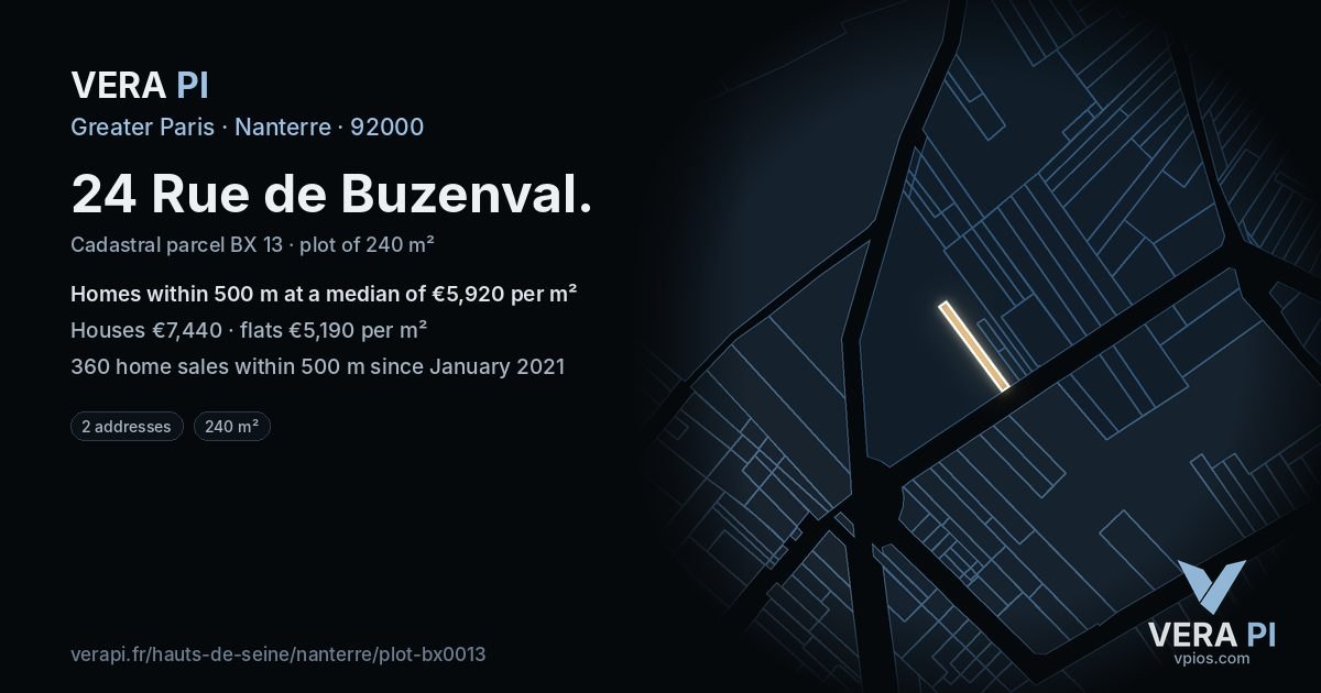 24 Rue de Buzenval, Nanterre at night – the plot lit, the parcels around coloured by the prices near them