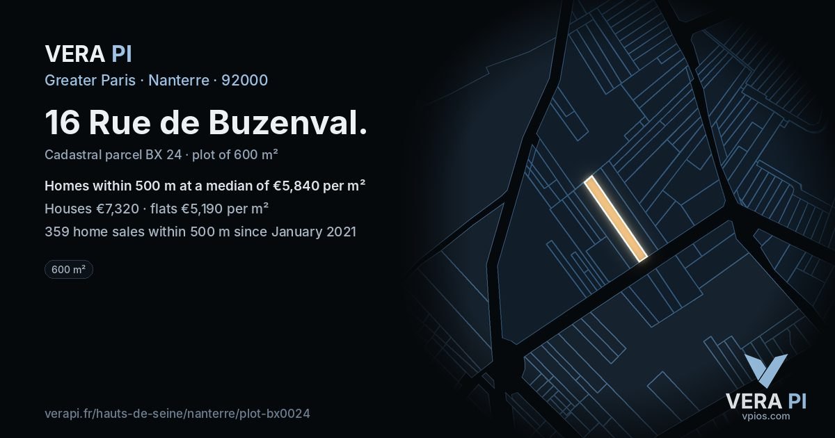 16 Rue de Buzenval, Nanterre at night – the plot lit, the parcels around coloured by the prices near them