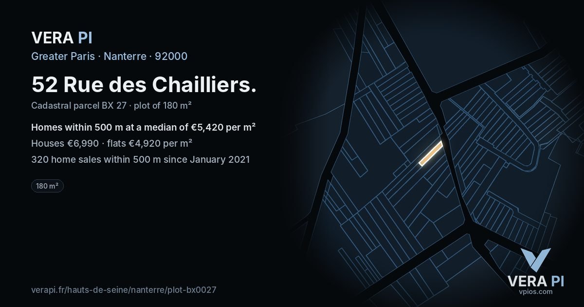 52 Rue des Chailliers, Nanterre at night – the plot lit, the parcels around coloured by the prices near them