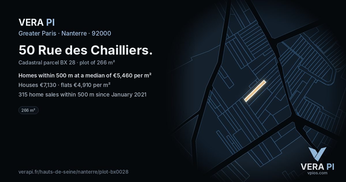 50 Rue des Chailliers, Nanterre at night – the plot lit, the parcels around coloured by the prices near them