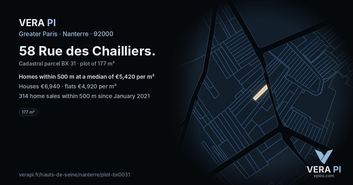 58 Rue des Chailliers, Nanterre at night – the plot lit, the parcels around coloured by the prices near them