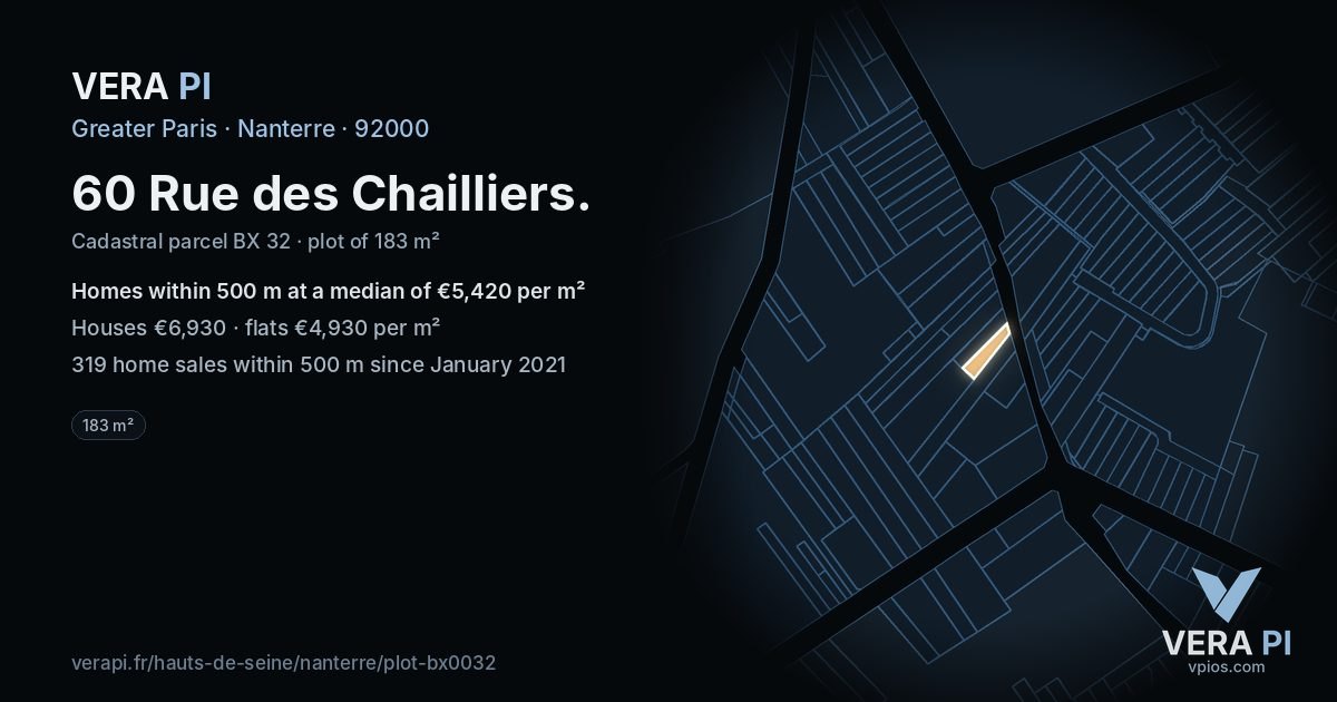 60 Rue des Chailliers, Nanterre at night – the plot lit, the parcels around coloured by the prices near them