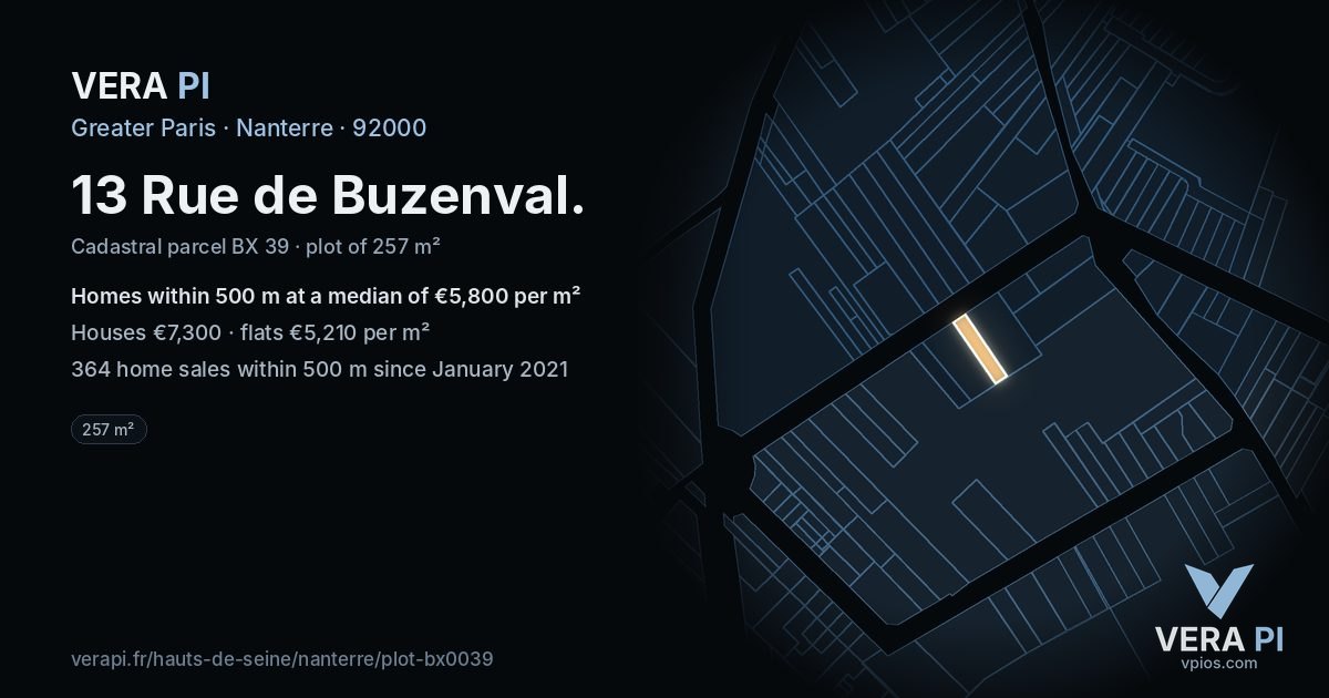 13 Rue de Buzenval, Nanterre at night – the plot lit, the parcels around coloured by the prices near them