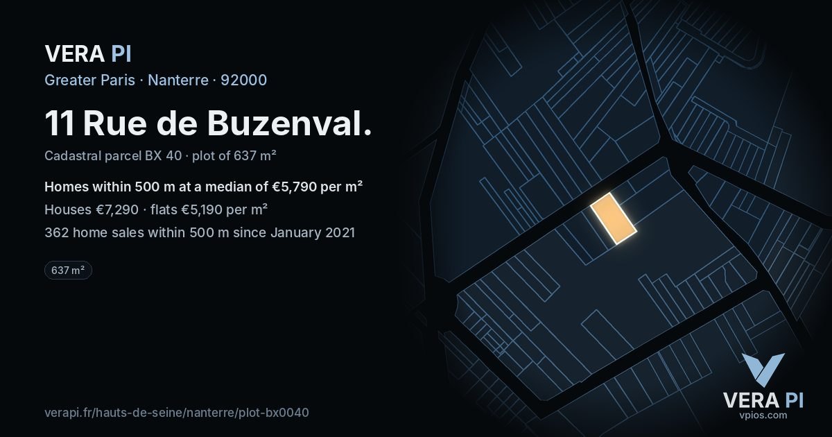 11 Rue de Buzenval, Nanterre at night – the plot lit, the parcels around coloured by the prices near them