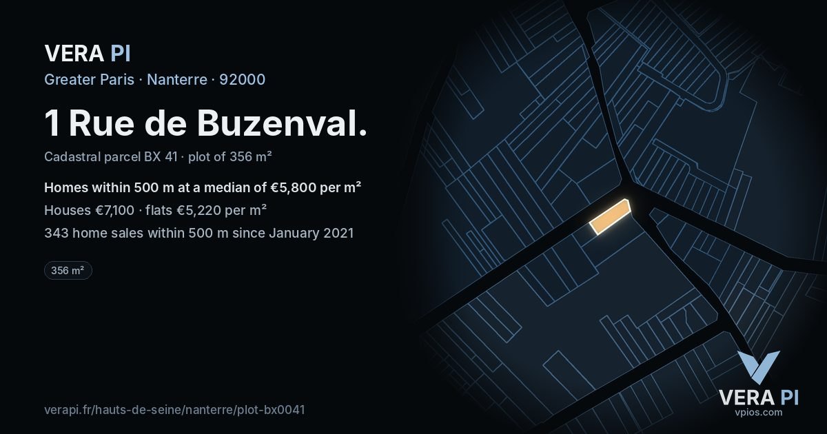1 Rue de Buzenval, Nanterre at night – the plot lit, the parcels around coloured by the prices near them