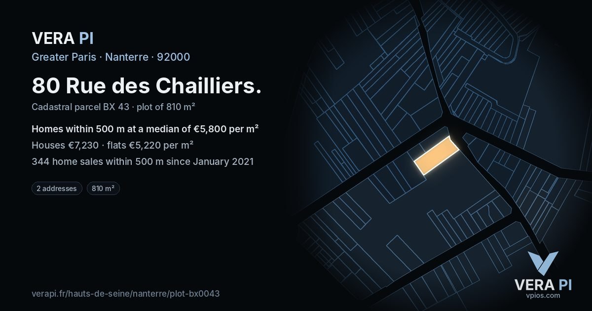 80 Rue des Chailliers, Nanterre at night – the plot lit, the parcels around coloured by the prices near them