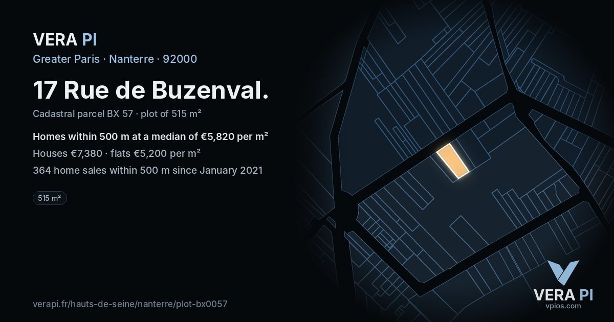 17 Rue de Buzenval, Nanterre at night – the plot lit, the parcels around coloured by the prices near them