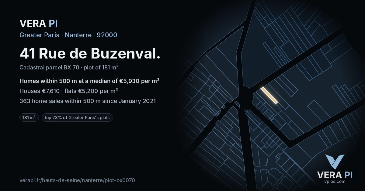 41 Rue de Buzenval, Nanterre at night – the plot lit, the parcels around coloured by the prices near them