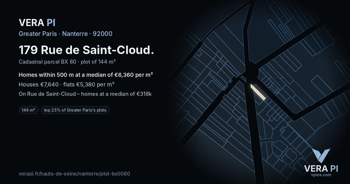 179 Rue de Saint-Cloud, Nanterre at night – the plot lit, the parcels around coloured by the prices near them