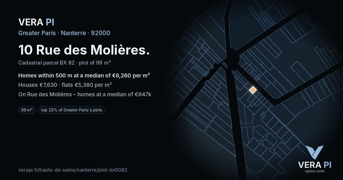 10 Rue des Molières, Nanterre at night – the plot lit, the parcels around coloured by the prices near them