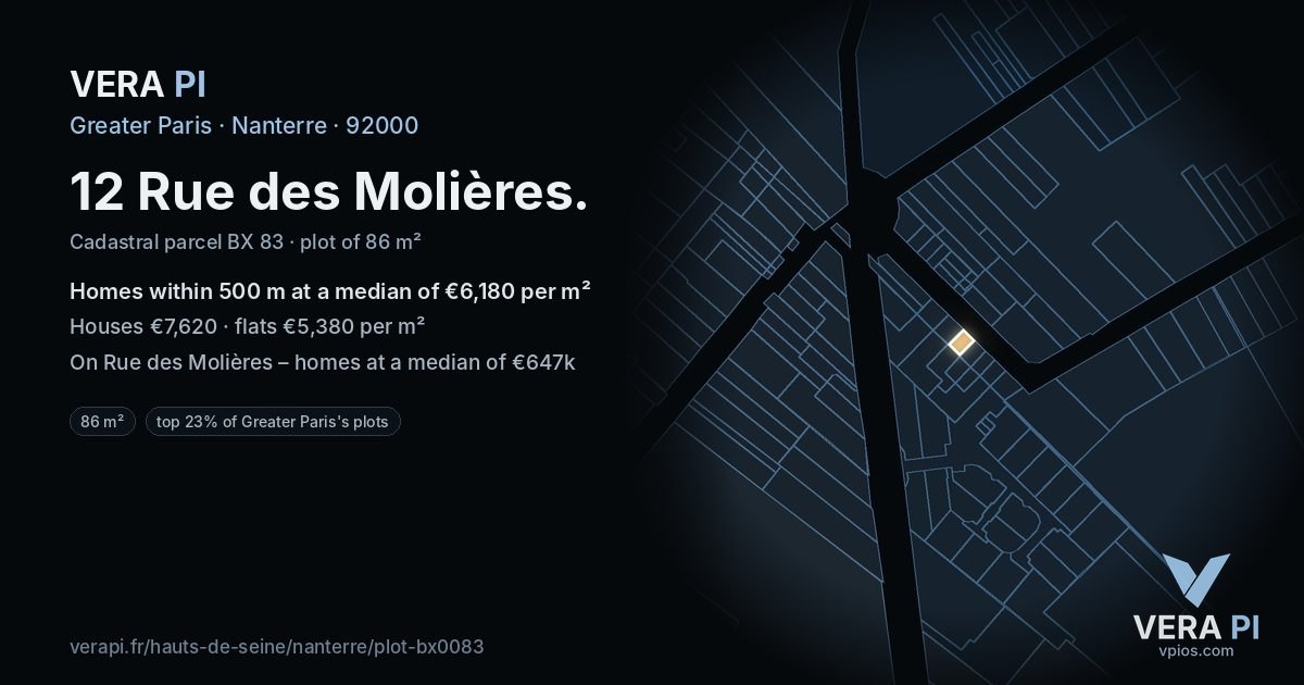 12 Rue des Molières, Nanterre at night – the plot lit, the parcels around coloured by the prices near them