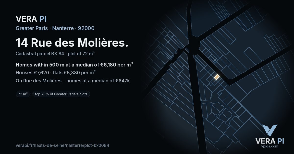 14 Rue des Molières, Nanterre at night – the plot lit, the parcels around coloured by the prices near them