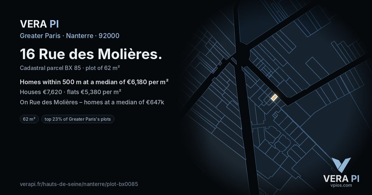 16 Rue des Molières, Nanterre at night – the plot lit, the parcels around coloured by the prices near them