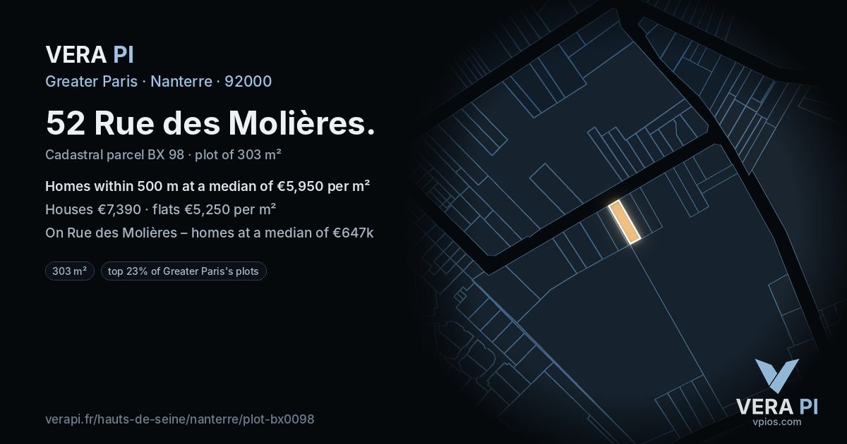 52 Rue des Molières, Nanterre at night – the plot lit, the parcels around coloured by the prices near them