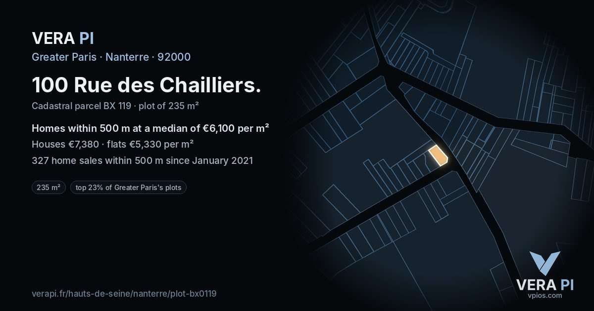 100 Rue des Chailliers, Nanterre at night – the plot lit, the parcels around coloured by the prices near them
